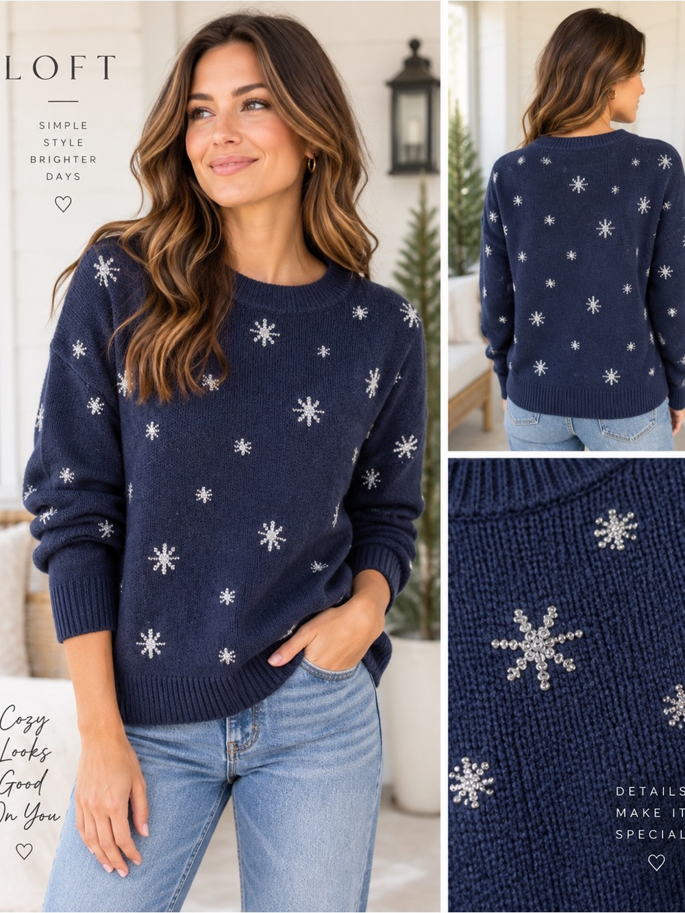 LOFT Navy Silver Snowflake Metallic Crewneck Sweater Size M